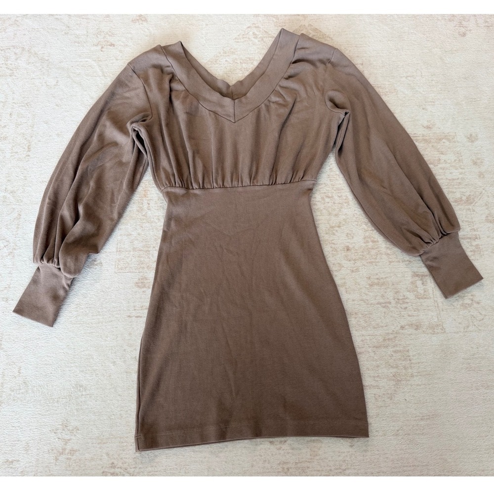Majorelle Brown Ribbed V-Neck Mini Dress Long Bishop Sleeve Size S
